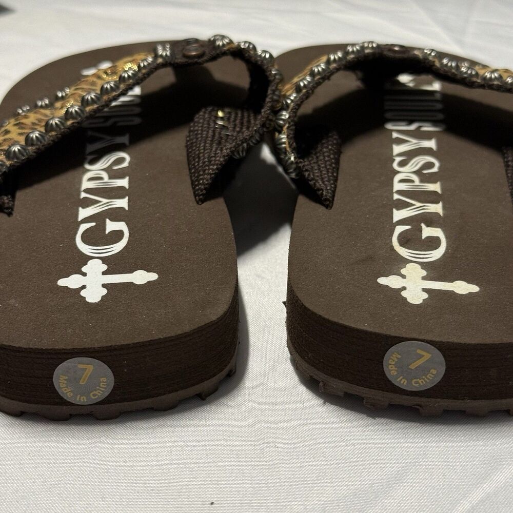 Gypsy Soule Leopard Rhinestone Flip Flop Sandals Women’s Size 7 Boho Bling NWOT - Picture 2 of 15
